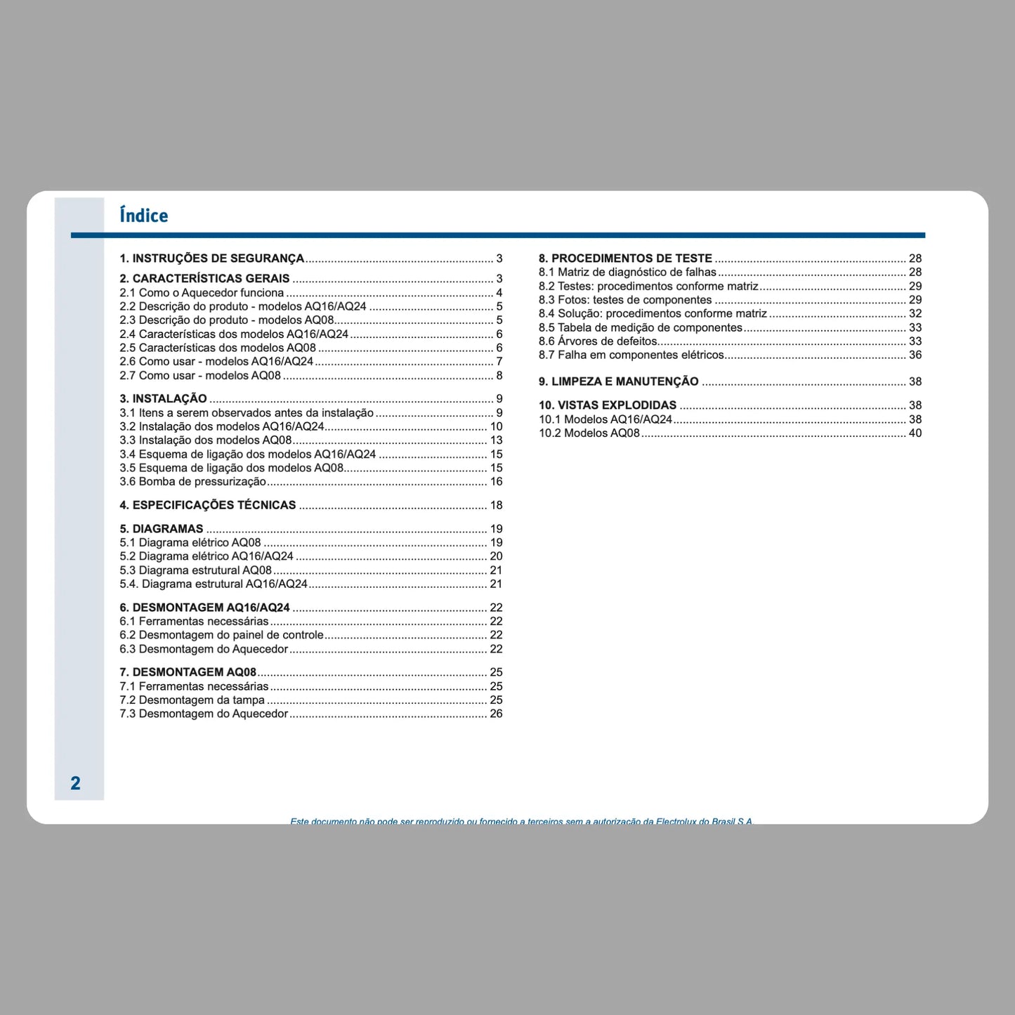 Manual Técnico de Serviços Aquecedores a Gás Electrolux AQ08, AQ16 e AQ24 - Baixar PDF Electrolux