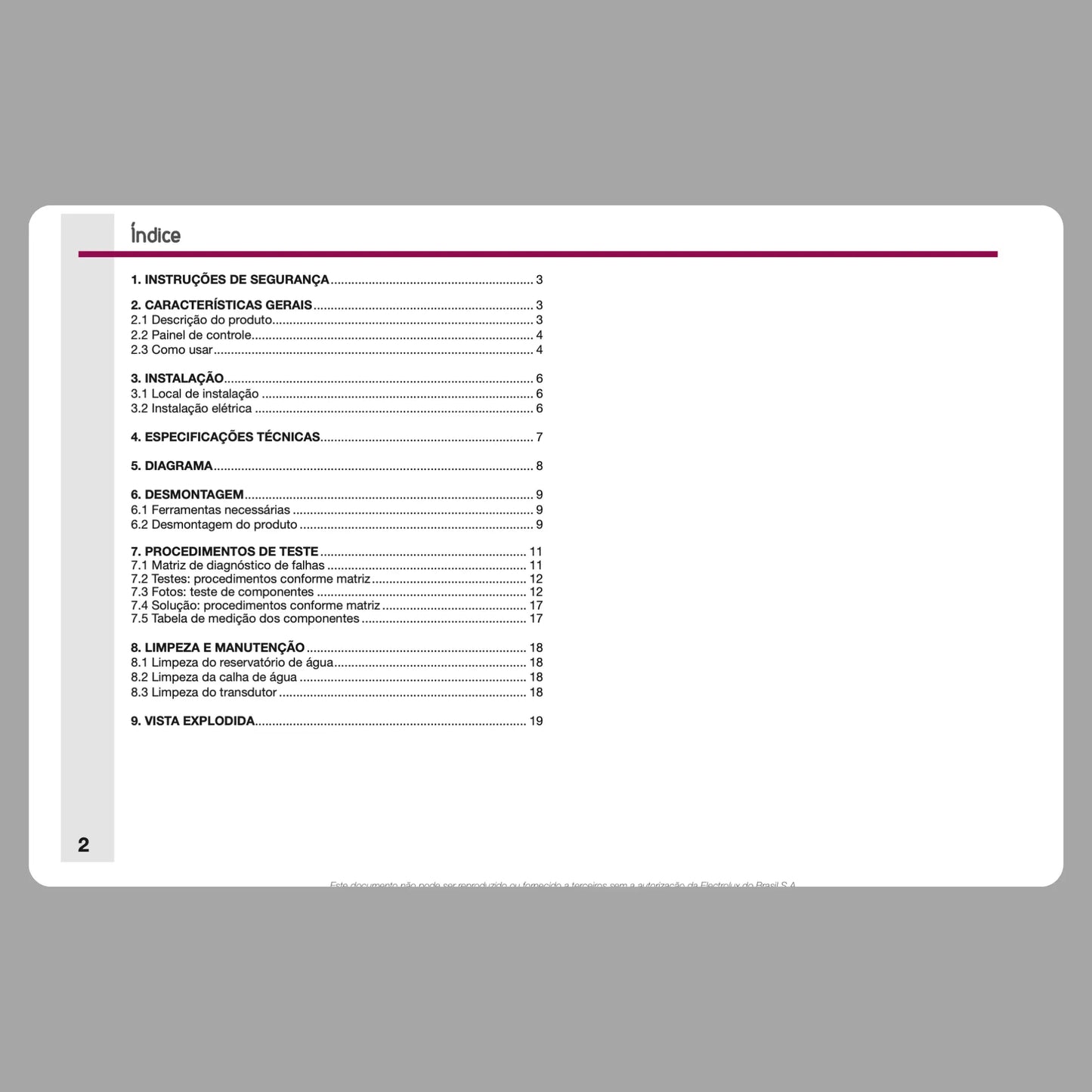Manual Técnico de Serviços Umidificador Electrolux UM05E - Baixar PDF Electrolux