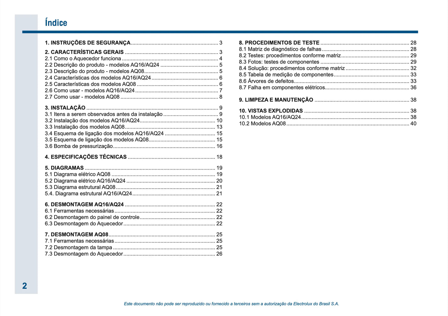 Manual Técnico de Serviço Aquecedor Electrolux AQ080/16/24 Baixar em PDF Electrolux