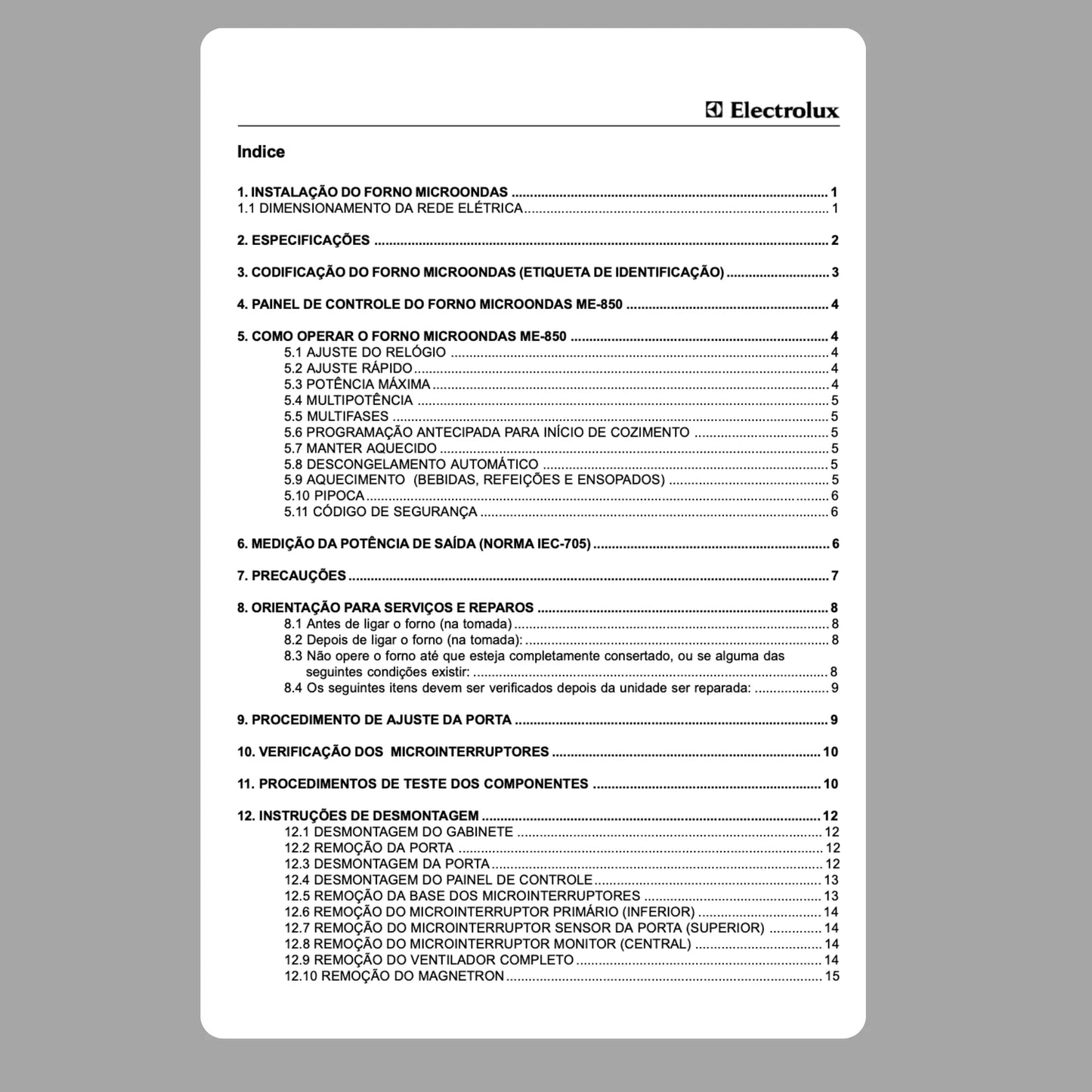 Manual Técnico Micro-ondas Electrolux ME850 - Baixar PDF