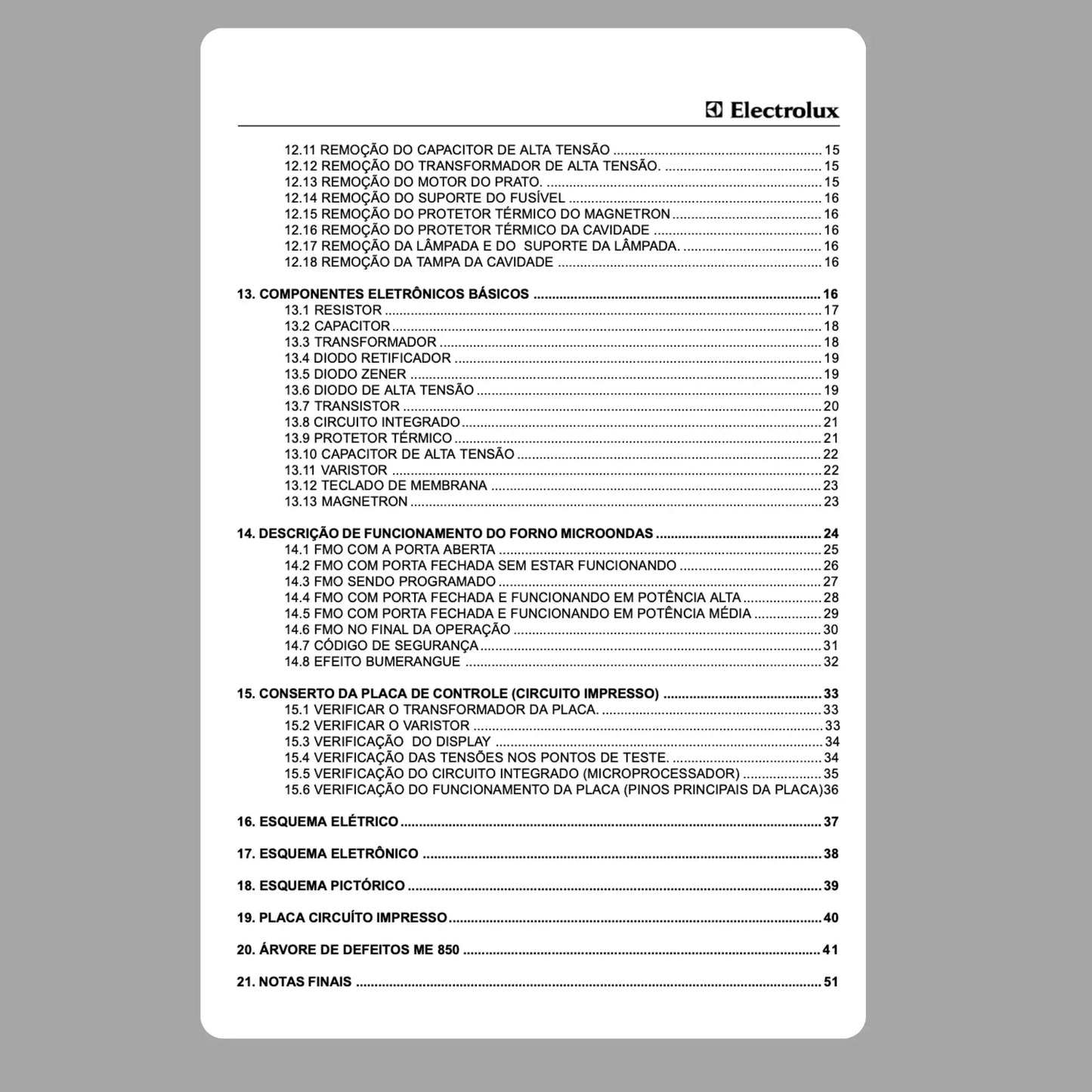 Manual Técnico Micro-ondas Electrolux ME850 - Baixar PDF Electrolux
