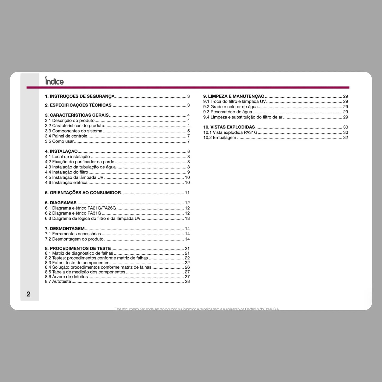 Manual Técnico de Serviços Purificador de Água Electrolux PA21G, PA25G, PA31G - Baixar PDF Electrolux