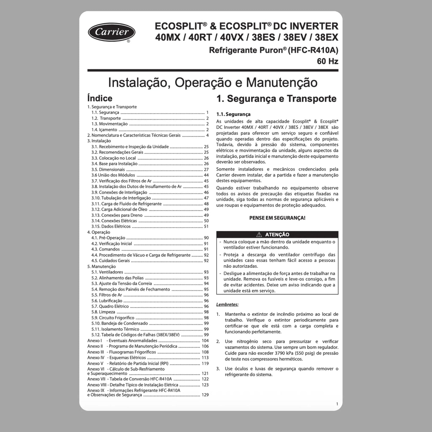 Manual de servicio técnico de Carrier 40MX, 40RT, 40VX, 38ES, 38EV, 38EX - Descargar PDF
