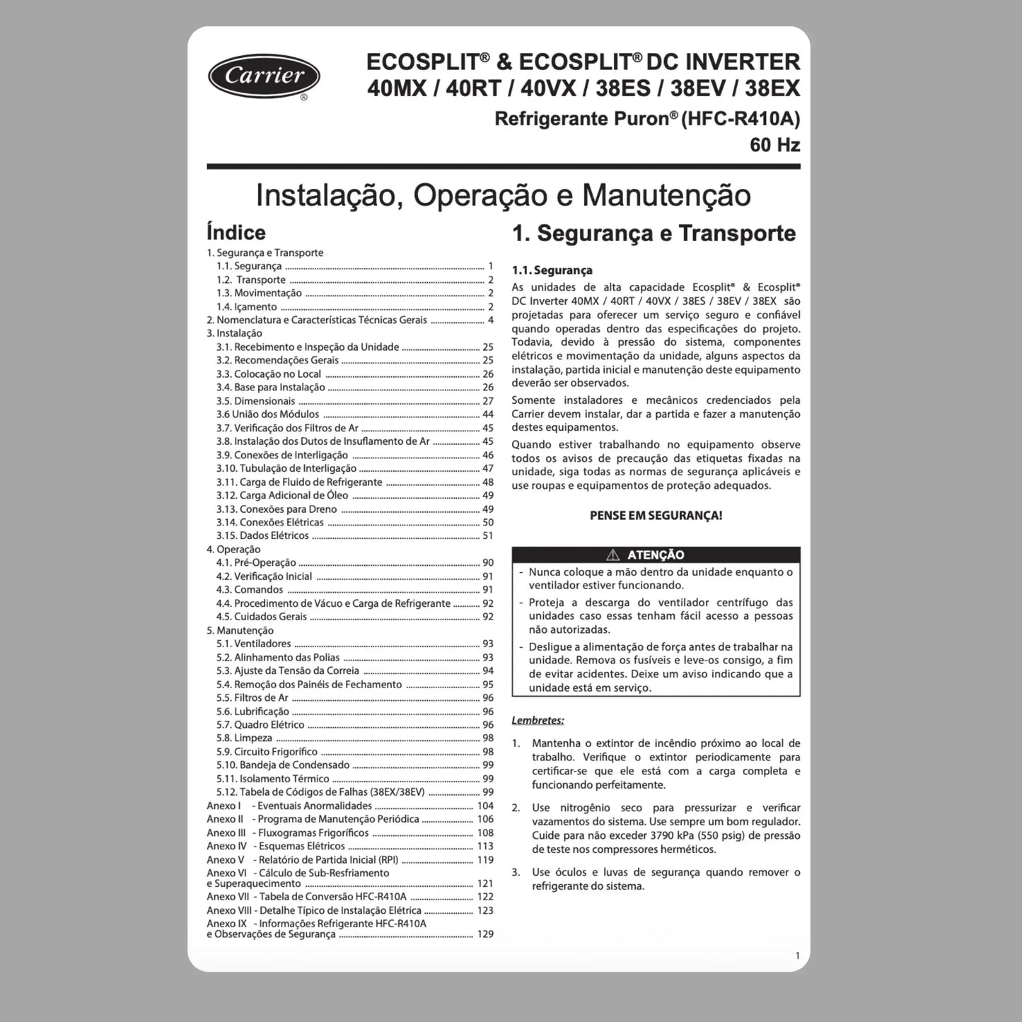 Manual Técnico de Serviços Carrier 40MX, 40RT, 40VX, 38ES, 38EV, 38EX - Baixar PDF Carrier