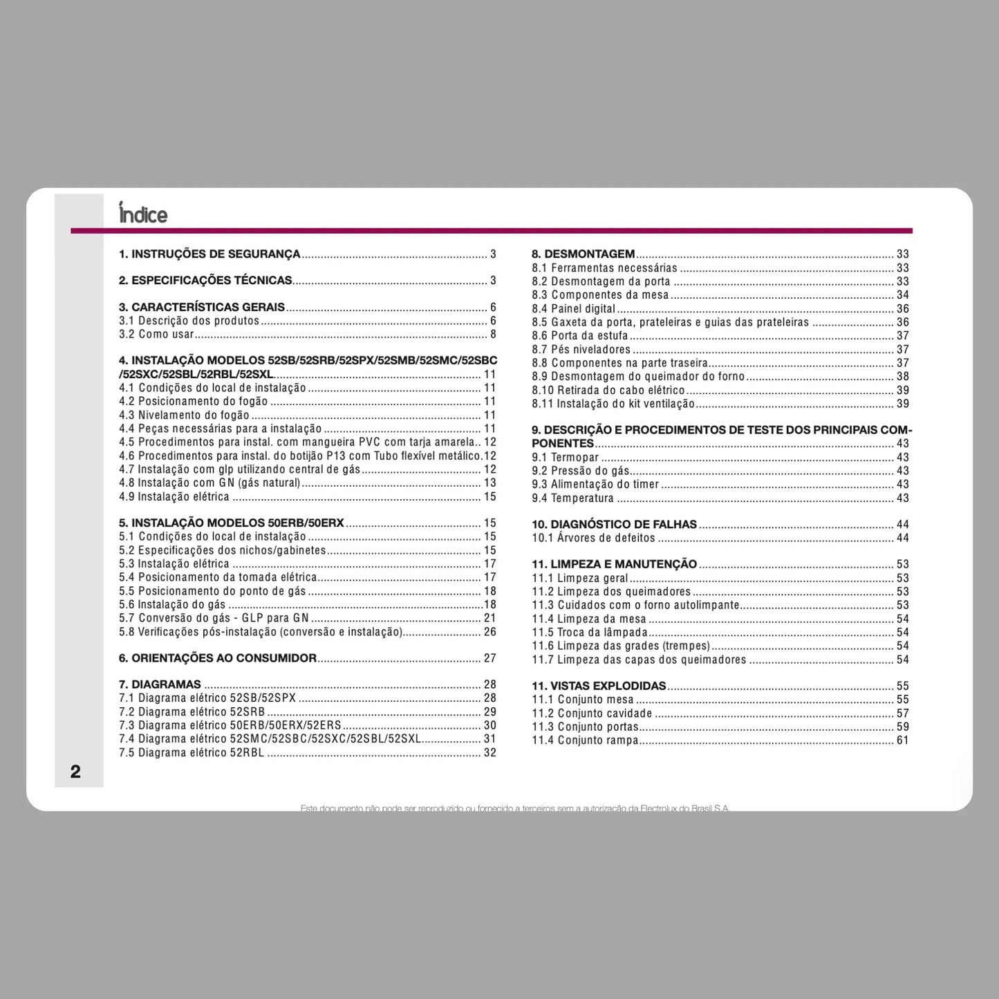 Manual Técnico de Serviços Fogões Electrolux 52SB, 52SRB, 52SPX, 50ERX, 52RBL, 52SBC, 52SBL - Baixar PDF Electrolux