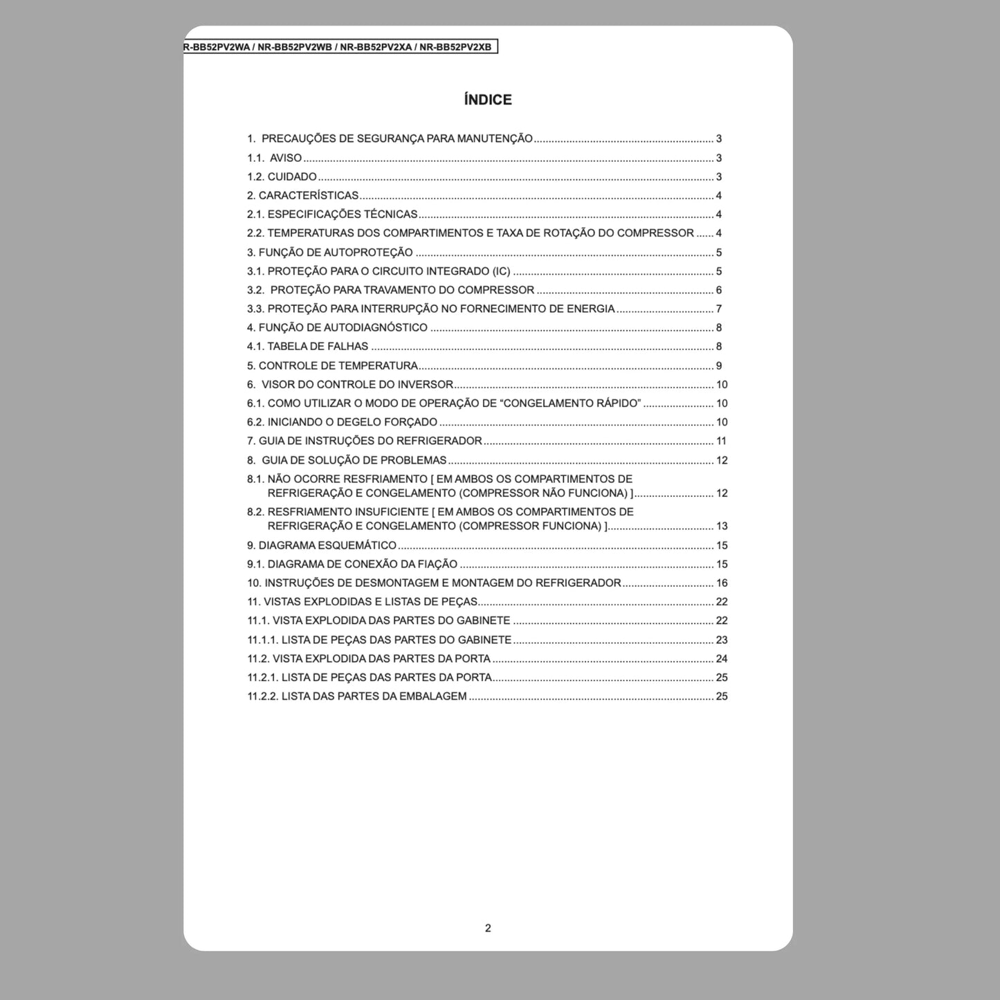 Manual Técnico de Serviços Refrigerador Panasonic NR-BB52PV2WA/WB/XA/XB - Baixar PDF