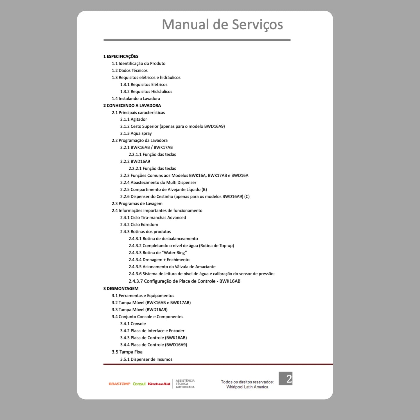 Manual Técnico de Serviços Lavadora Brastemp BWK16, BWK17, BWD16 - Baixar PDF