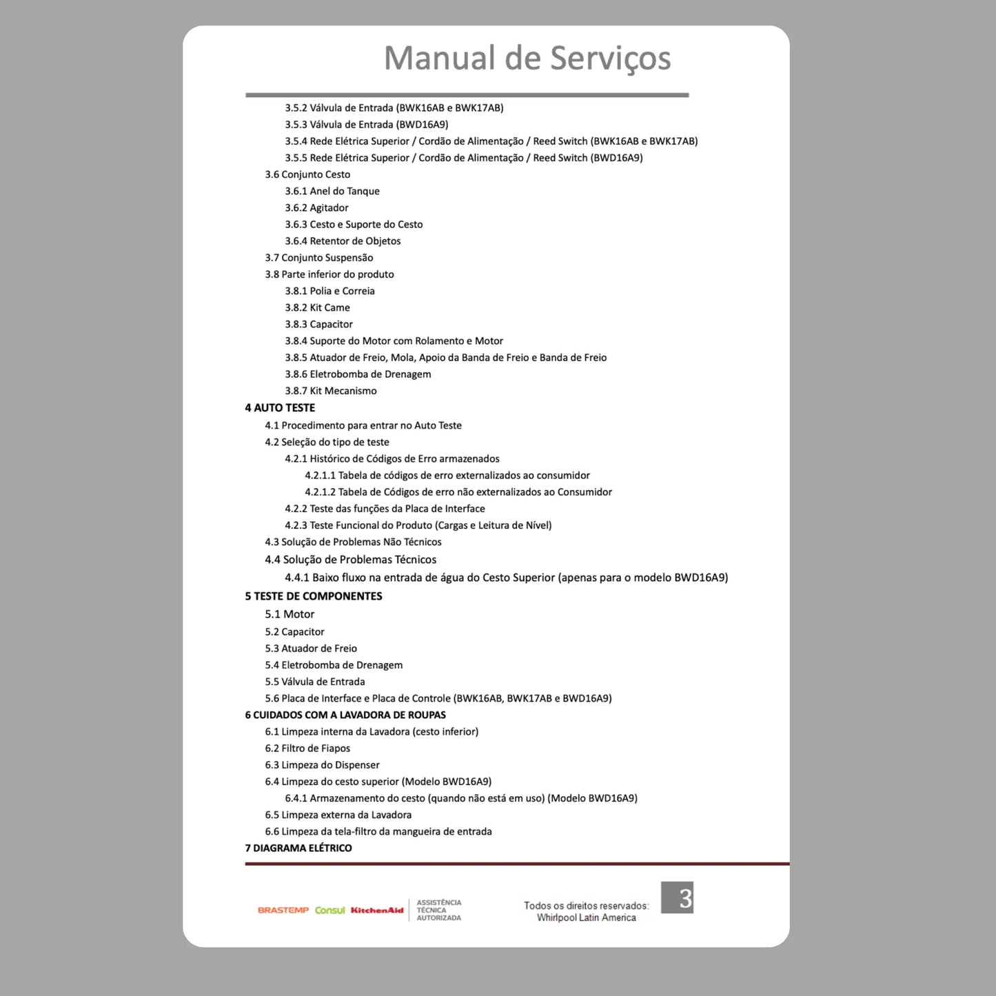 Manual Técnico de Serviços Lavadora Brastemp BWK16, BWK17, BWD16 - Baixar PDF
