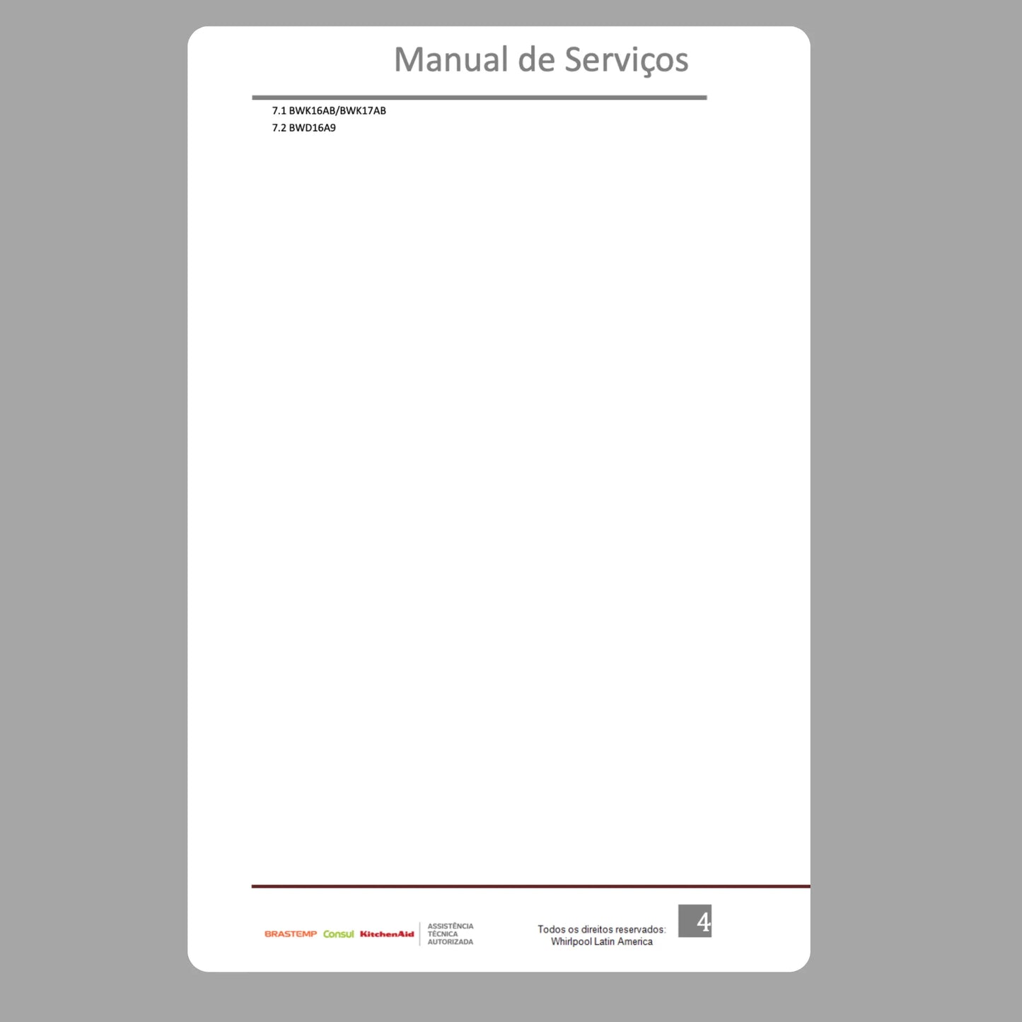 Manual Técnico de Serviços Lavadora Brastemp BWK16, BWK17, BWD16 - Baixar PDF