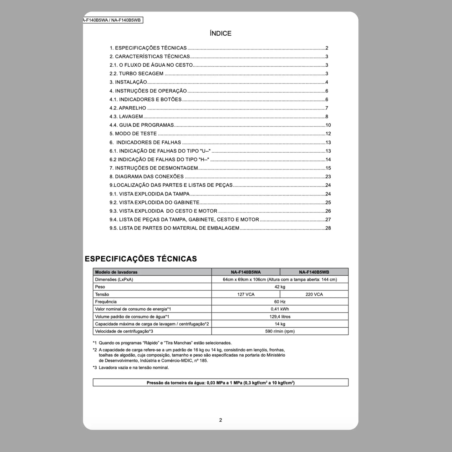Manual Técnico de Serviços Lavadora Panasonic NA-F140B5WA e NA-F140B5WB - Baixar PDF Panasonic