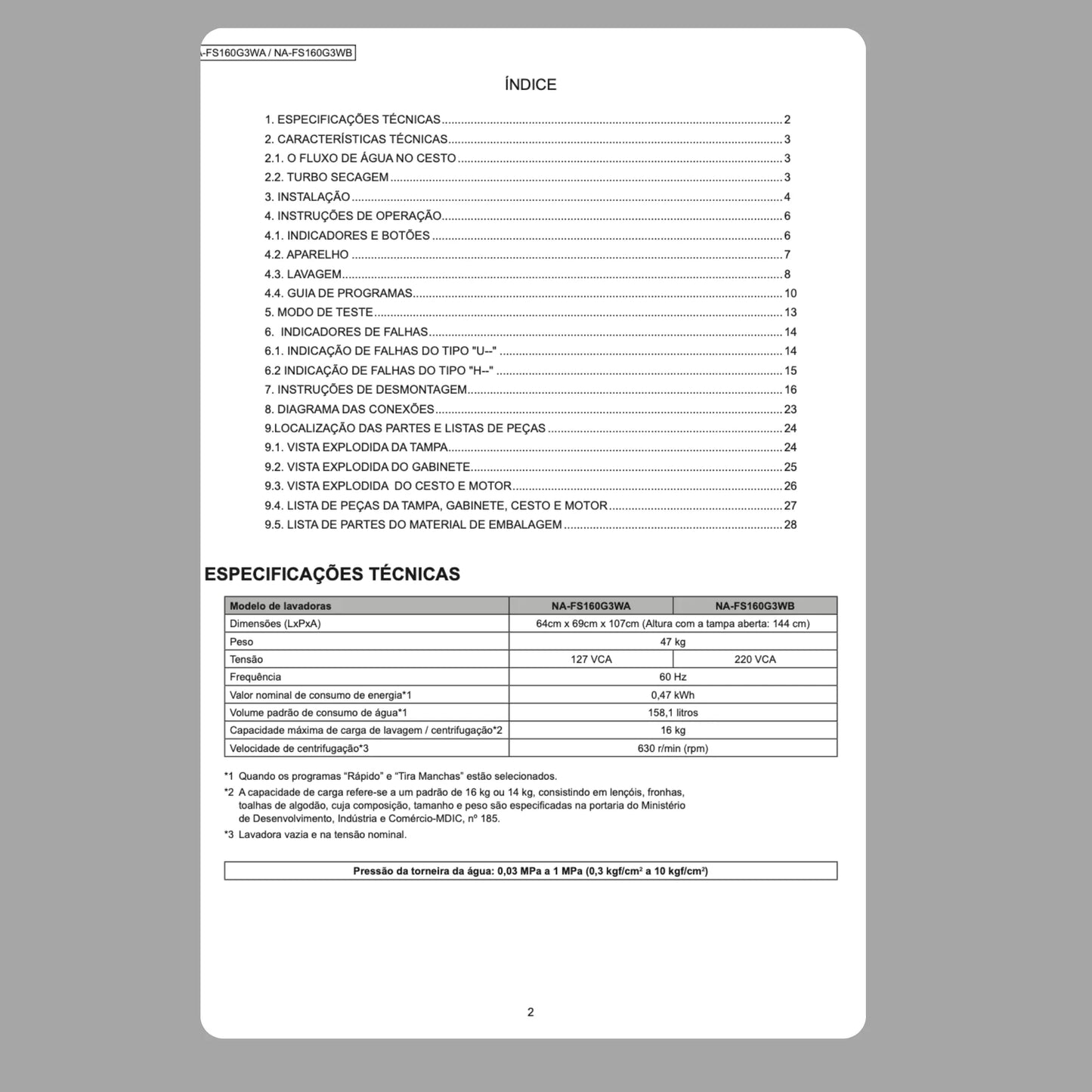 Manual Técnico de Serviços Lavadora Panasonic NA-FS160G3WA, NA-FS160G3WB - Baixar PDF