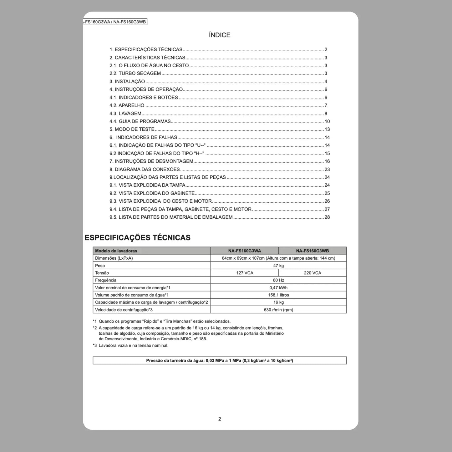 Manual Técnico de Serviços Lavadora Panasonic NA-FS160G3WA, NA-FS160G3WB - Baixar PDF Panasonic