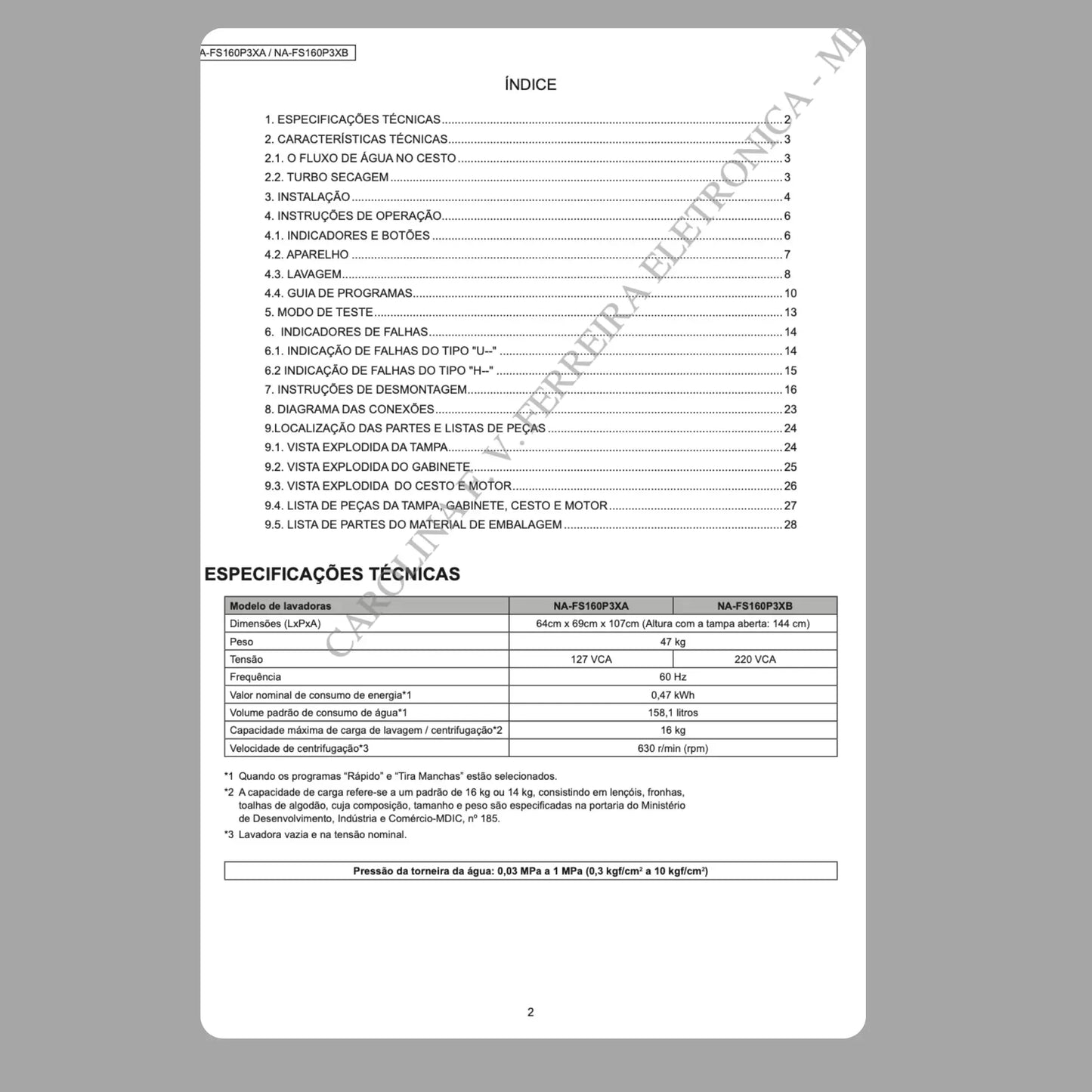 Manual Técnico de Serviços Lavadora Panasonic NA-FS160P3XA e NA-FS160P3XB - Baixar PDF Panasonic