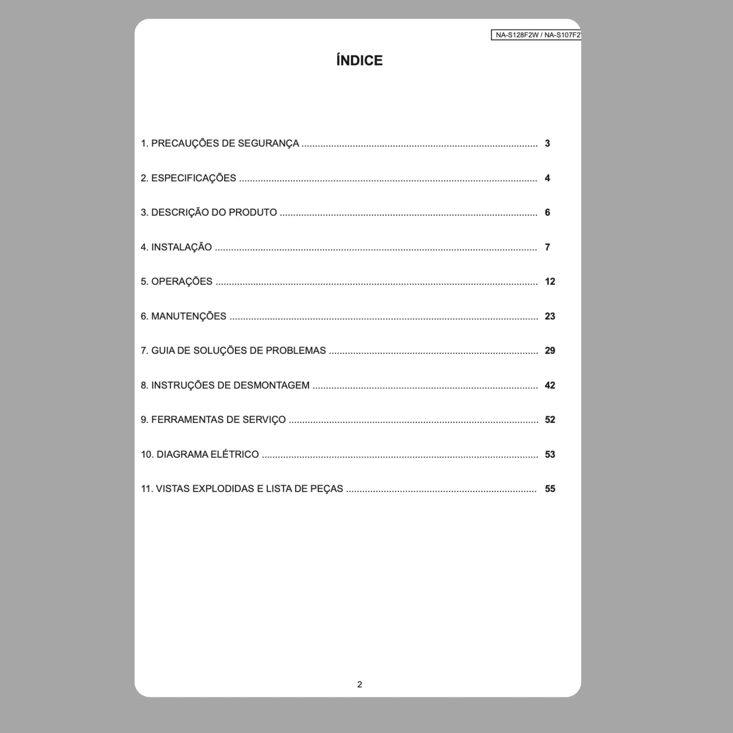 Manual Técnico de Serviços Lavadora Panasonic NA-S128F2W, NA-S107F2W - Baixar PDF Panasonic