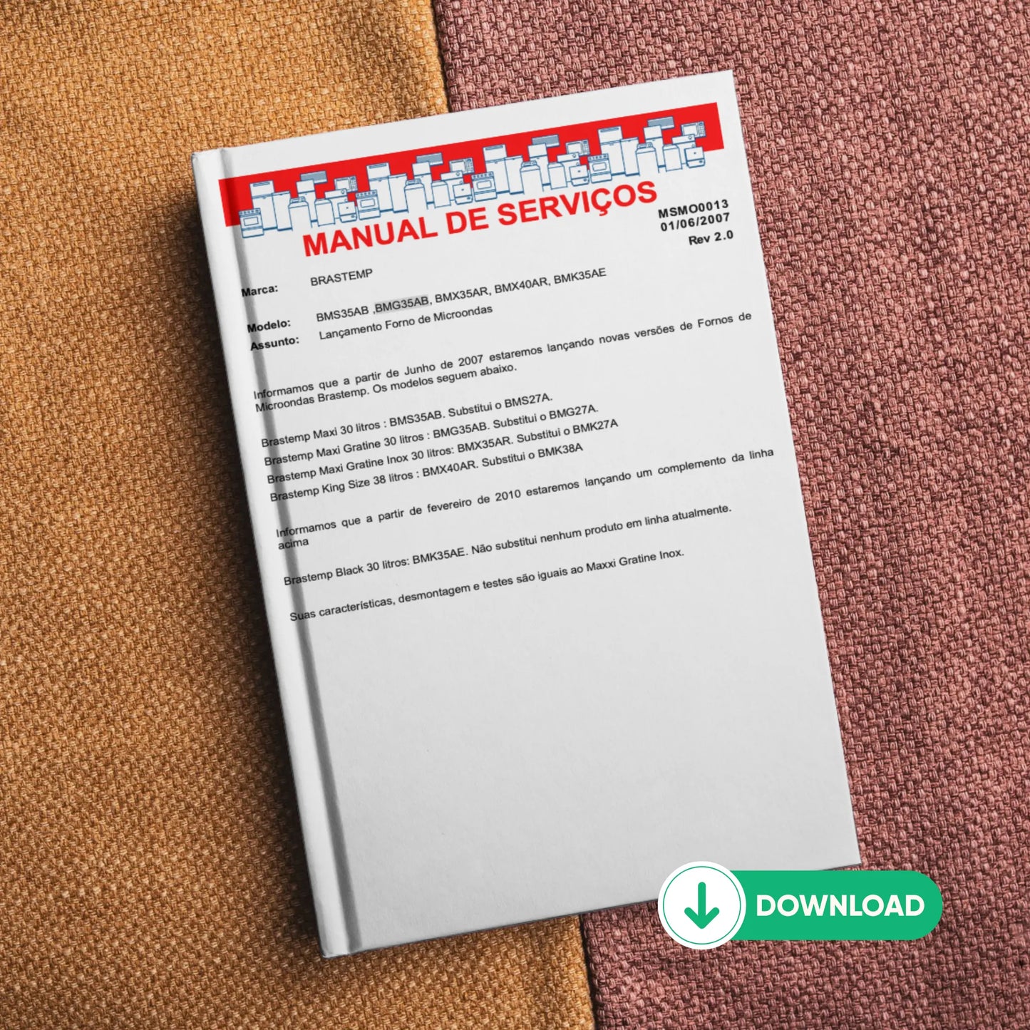 Manual Técnico de Serviços Micro-ondas Brastemp BMS35AB, BMG35AB, BMX35AR, BMX40AR, BMK35AE - Baixar PDF