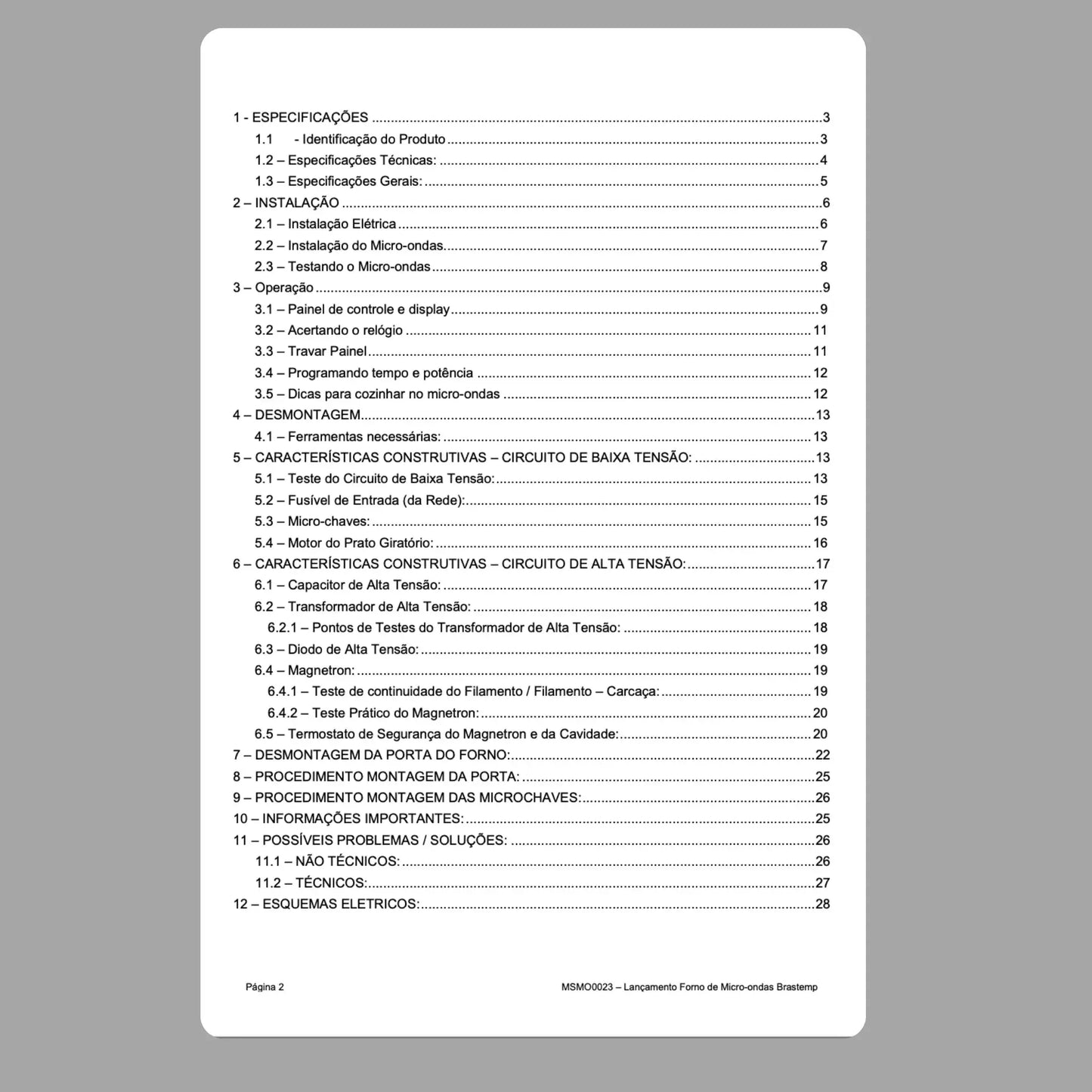 Manual Técnico de Serviços Micro-ondas Brastemp BMS45AB, BMK45AE, BMF45AB, BMT45AR, BMF45BB, BMT45BR - Baixar PDF Brastemp