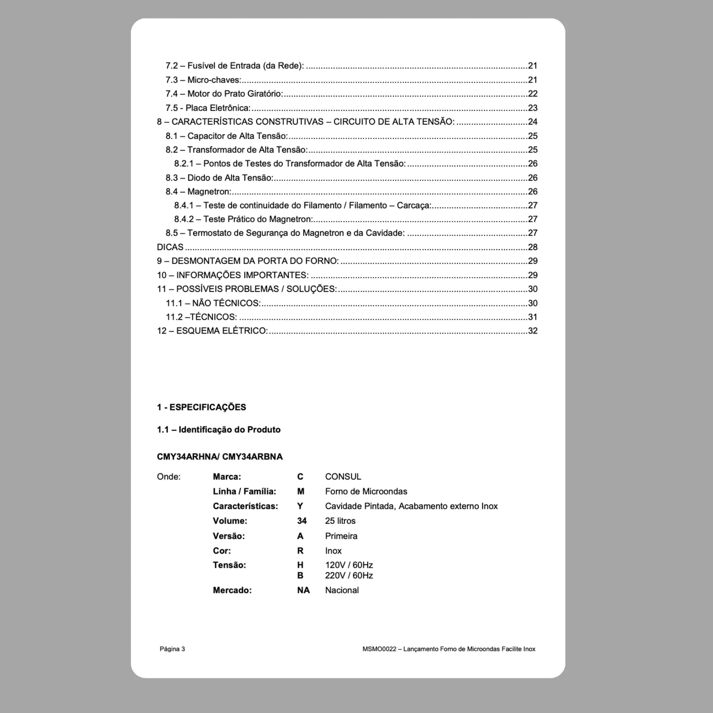Manual Técnico de Serviços Micro-ondas Consul CMY34AR - Baixar PDF