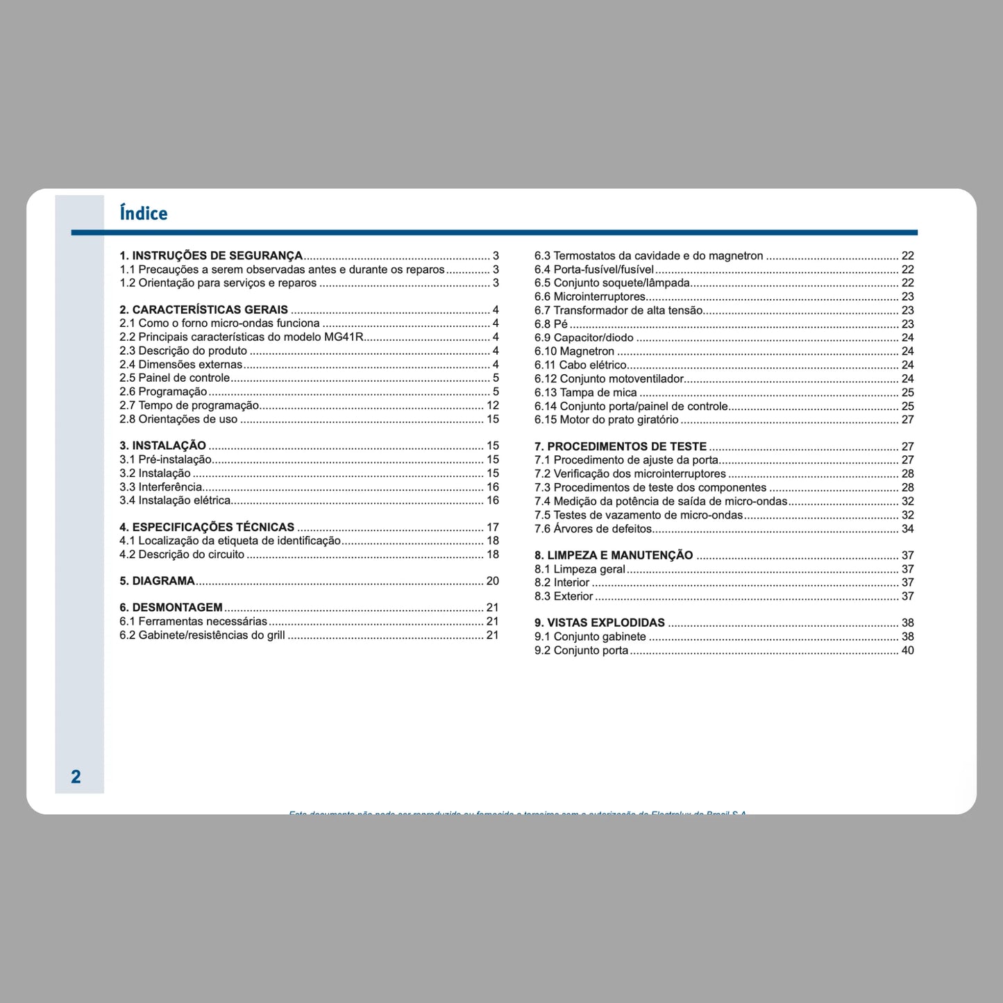 Manual Técnico de Serviços Micro-ondas Electrolux MG41R - Baixar PDF