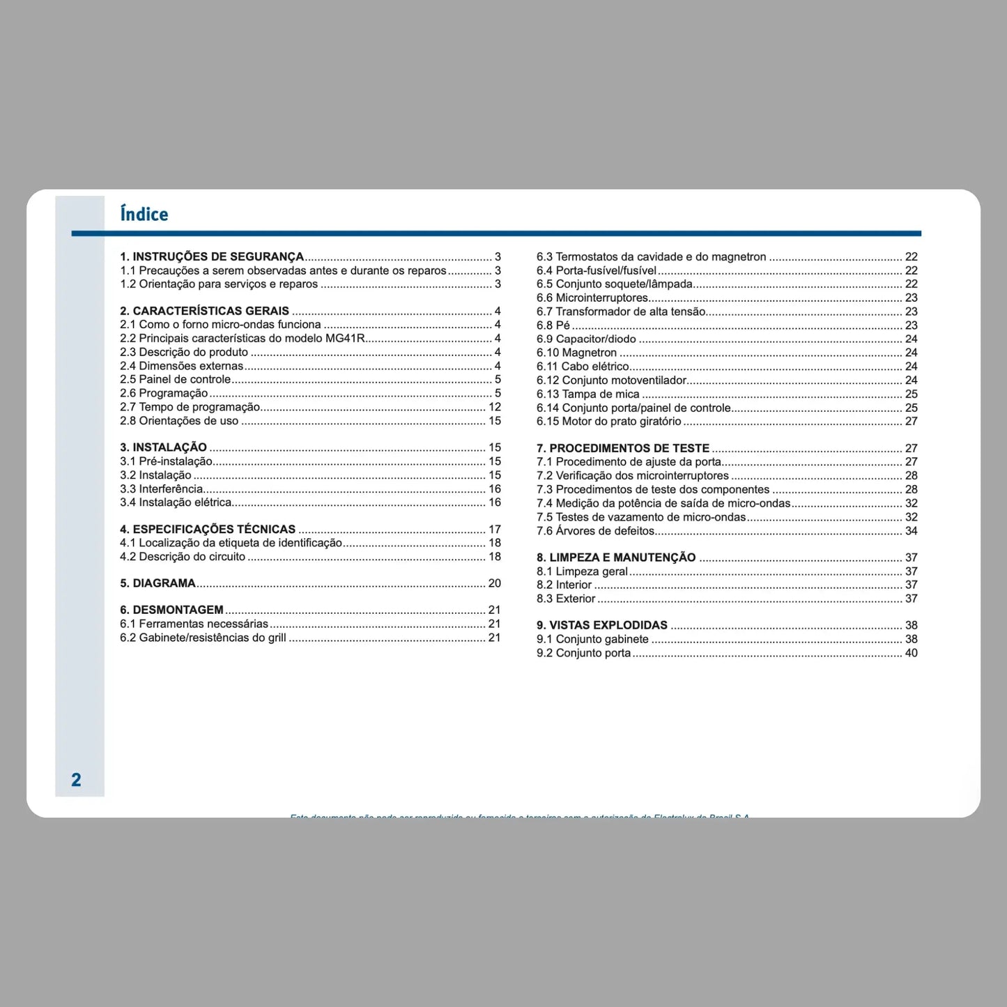 Manual Técnico de Serviços Micro-ondas Electrolux MG41R - Baixar PDF Electrolux