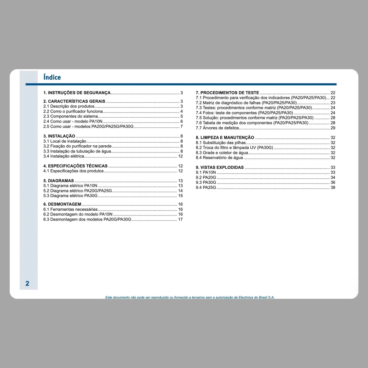 Manual Técnico de Serviços Purificadores Electrolux PA10N, PA20G, PA25G, PA30G - Baixar PDF Electrolux
