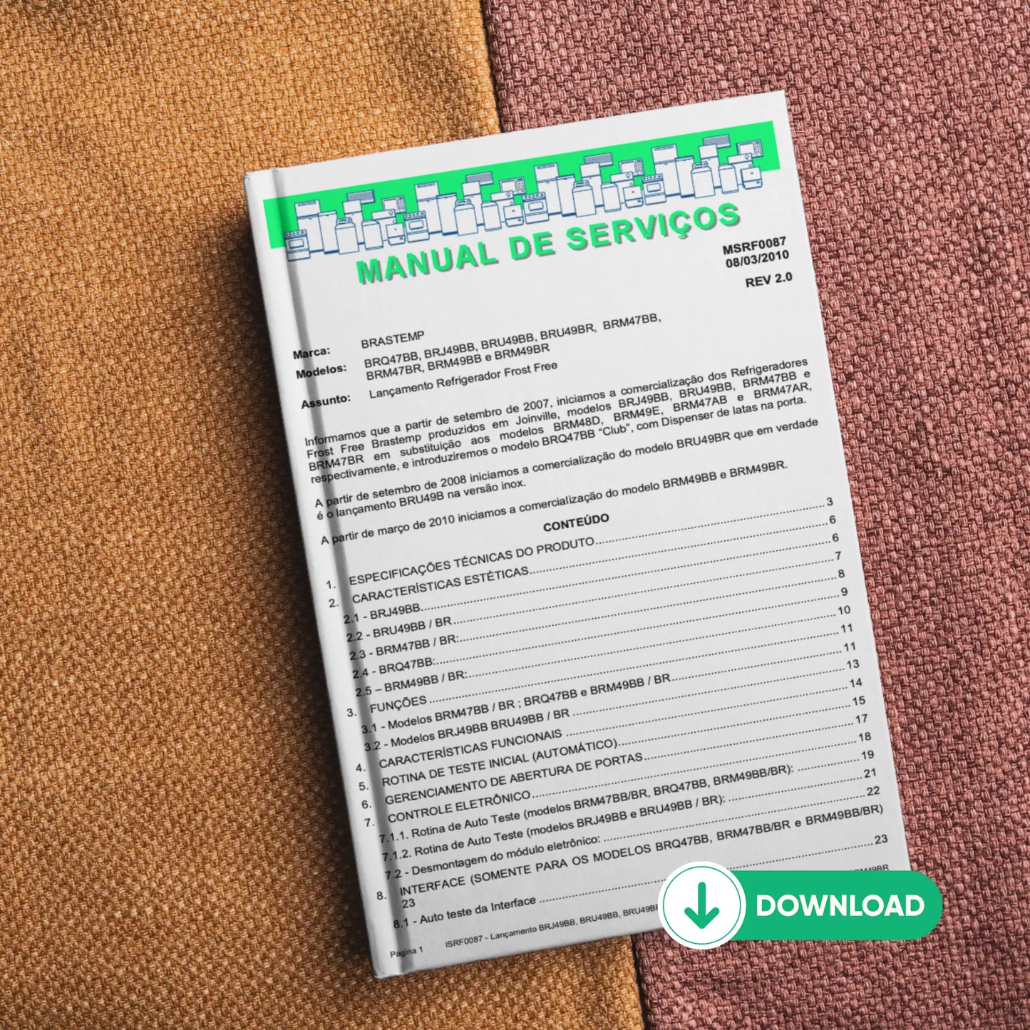 Manual Técnico de Serviços Refrigerador Brastemp BRQ47BB, BRJ49BB, BRU49BB, BRM47BB, BRM49BB - Baixar PDF