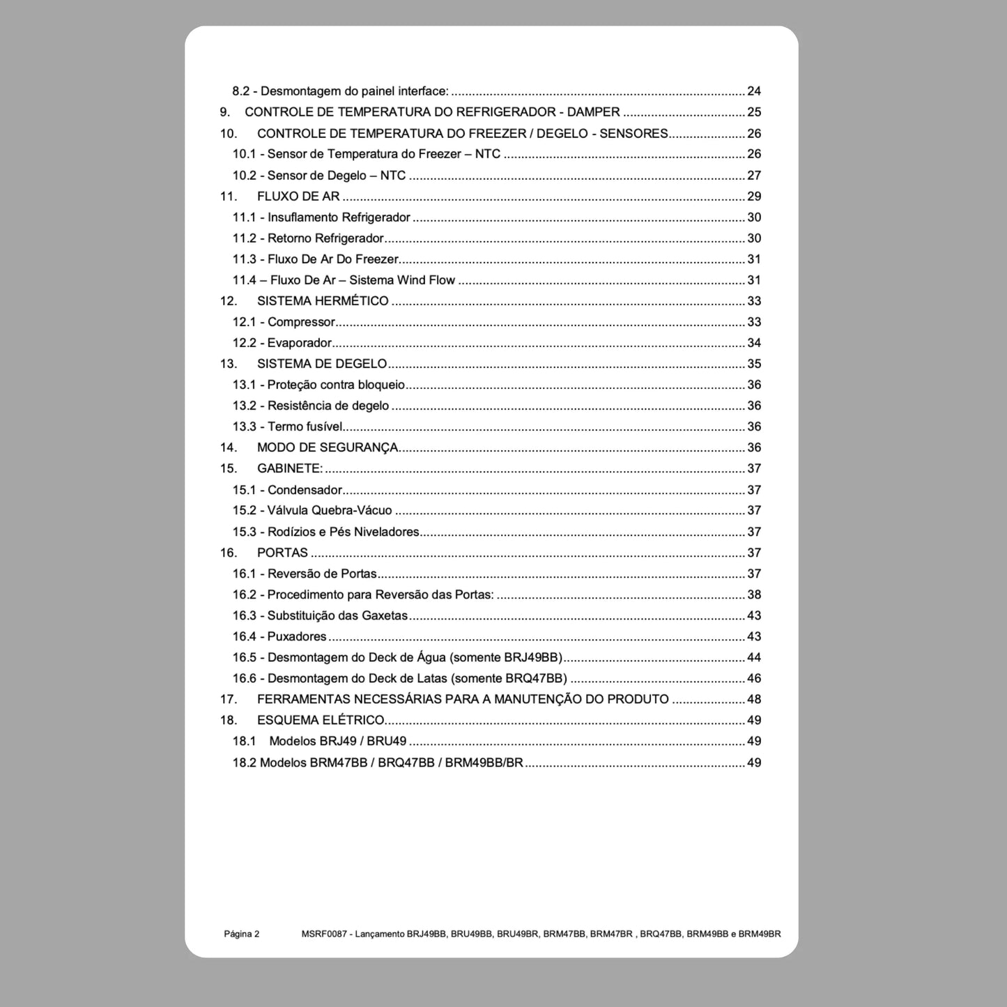 Manual Técnico de Serviços Refrigerador Brastemp BRQ47BB, BRJ49BB, BRU49BB, BRM47BB, BRM49BB - Baixar PDF