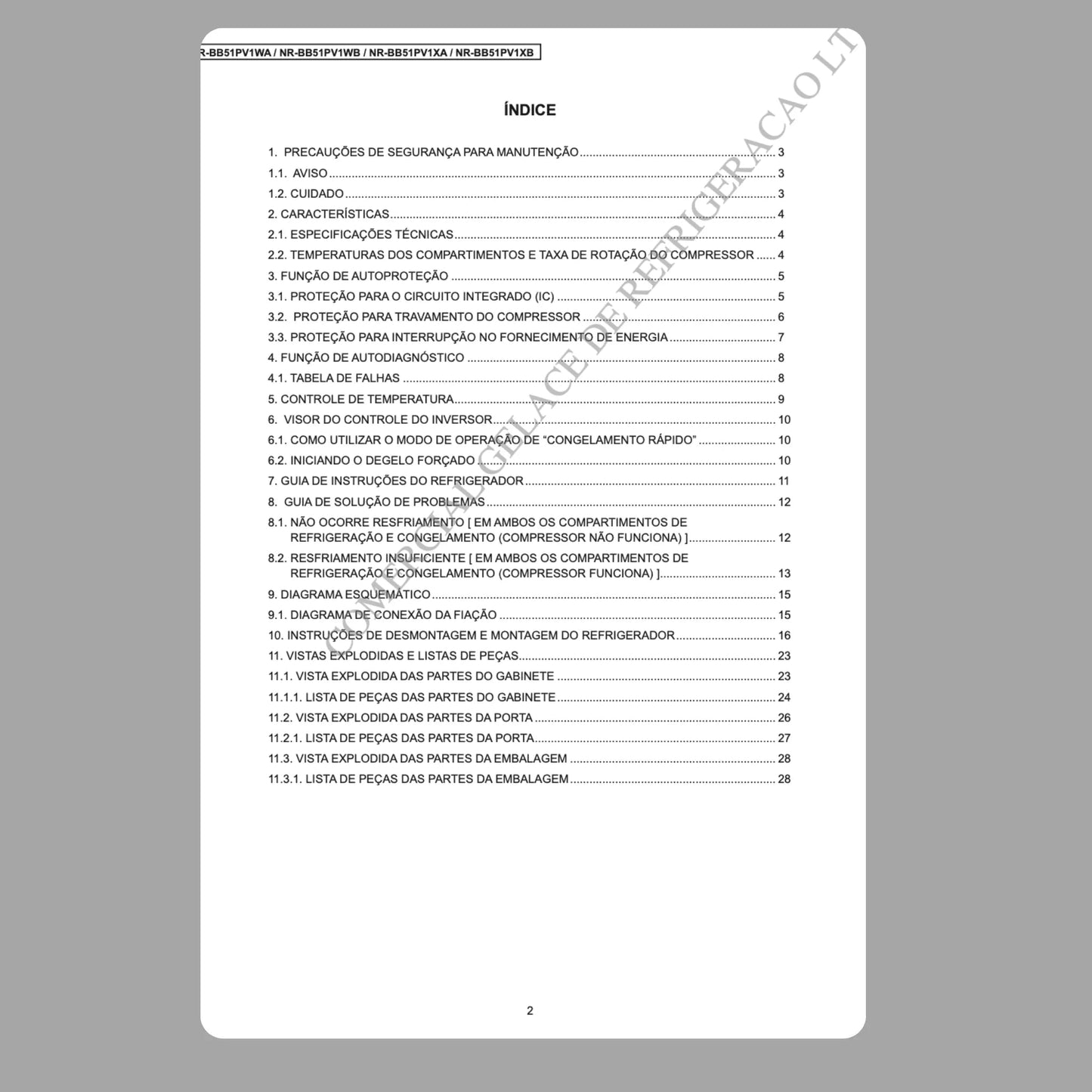 Manual Técnico de Serviços Refrigerador Panasonic NR-BB51PV1WA/WB NR-BB51PV1XA/XB - Baixar PDF Panasonic