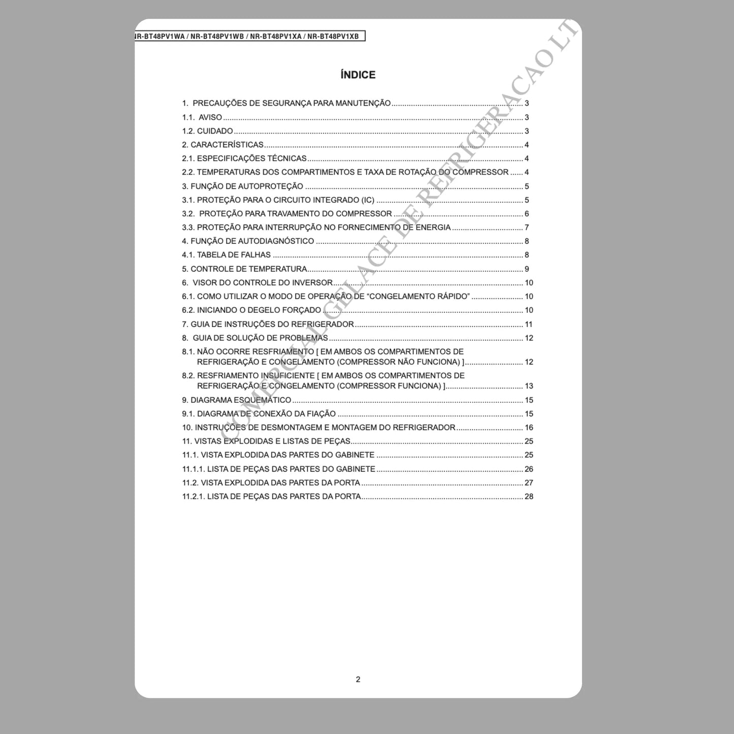 Manual Técnico de Serviços Refrigerador Panasonic NR-BT48PV1WA/WB/XA/XB - Baixar PDF Panasonic