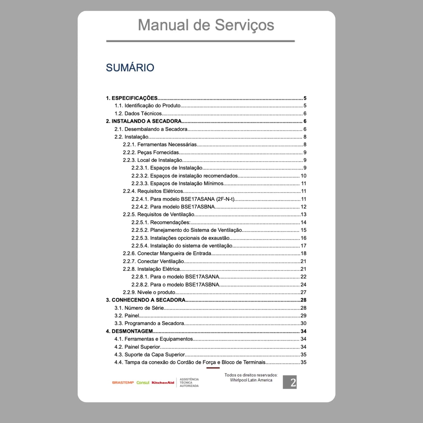 Manual Técnico de Serviços Secadora Brastemp BSE17ASA e BSE17ASAB - Baixar PDF Brastemp