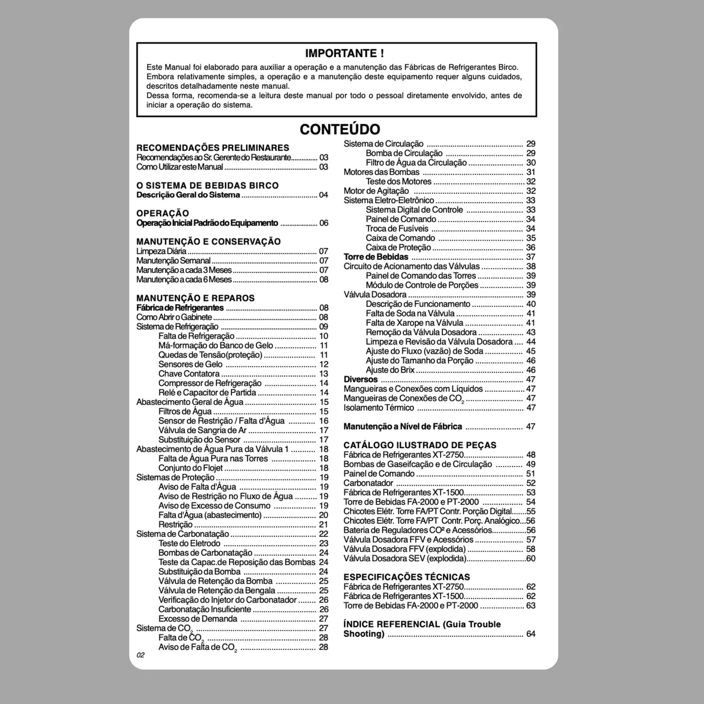 Manual Técnico de Serviços Sistema de Bebidas Carbonatadas XT-2750 e XT-1500 - Baixar PDF Birco