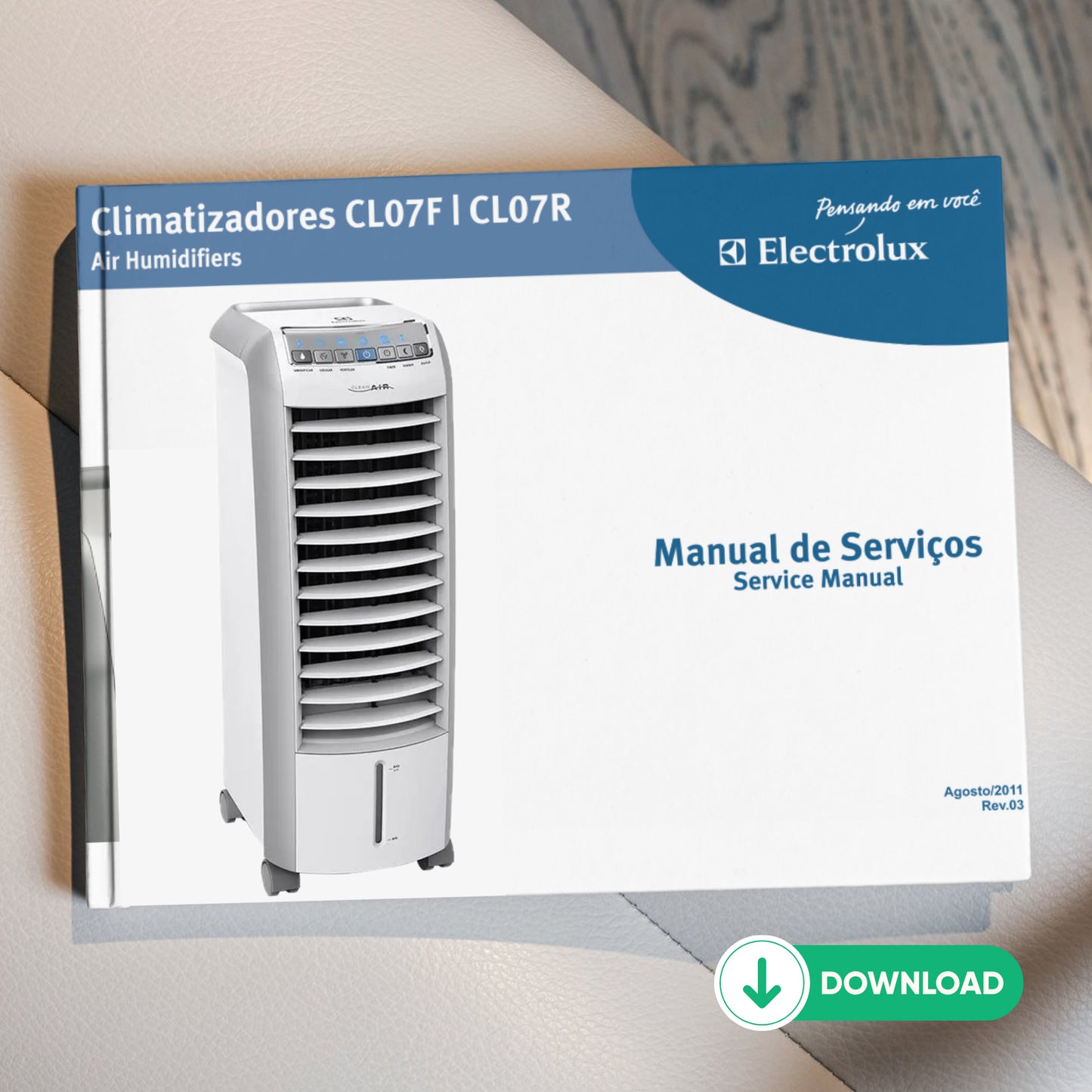Imagem do Manual Técnico Serviço Climatizador Electrolux CL07F e CL07R em PDF, com instruções para reparos e manutenção dos modelos.