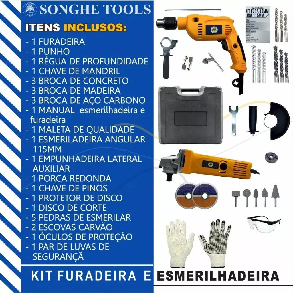 Kit Completo Furadeira de Impacto + Esmerilhadeira 800W com Maleta 25 Peças shopee