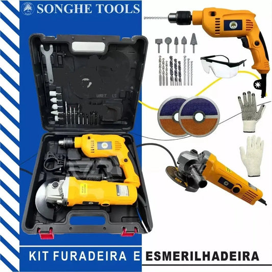 Kit Completo Furadeira de Impacto + Esmerilhadeira 800W com Maleta 25 Peças