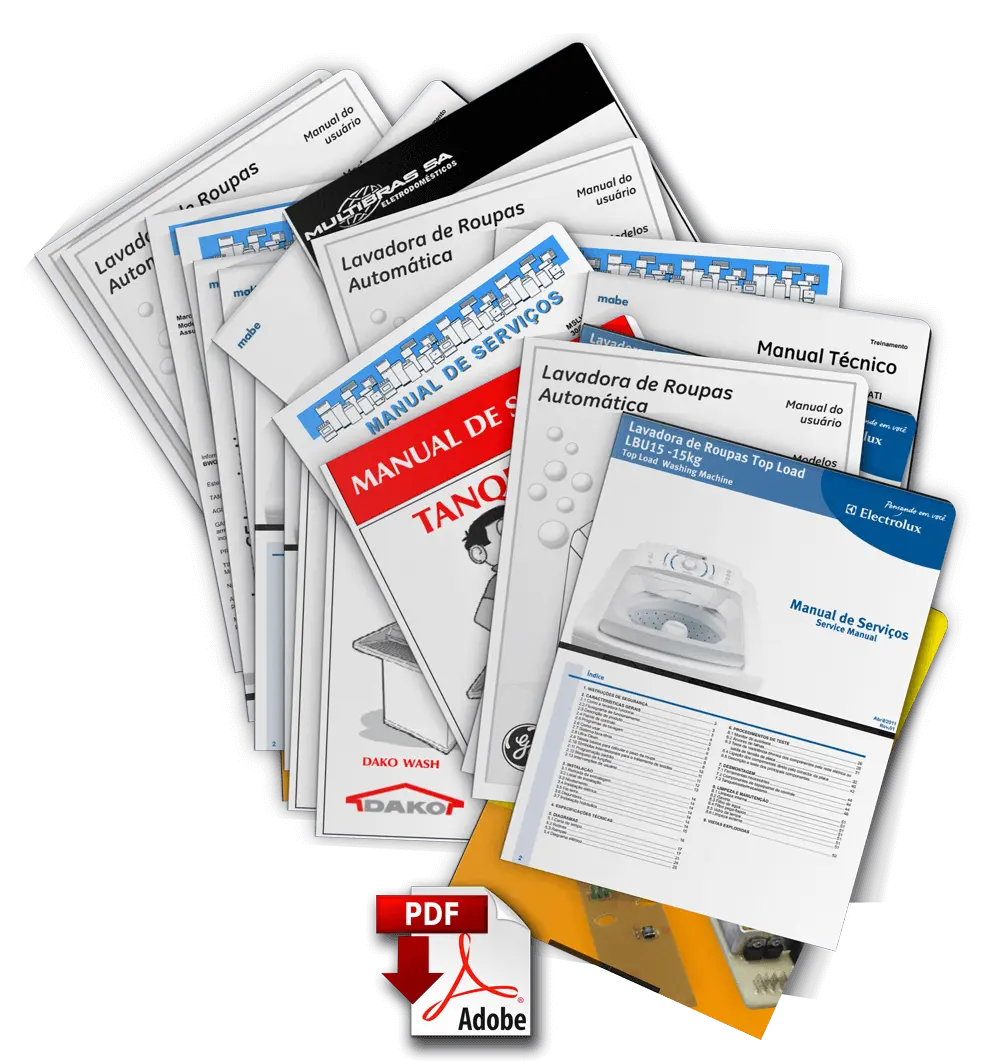 Vários manuais técnicos de bônus que o aluno ganha ao comprar o curso de máquina de lavar da refrimaq o segredo das lavadoras