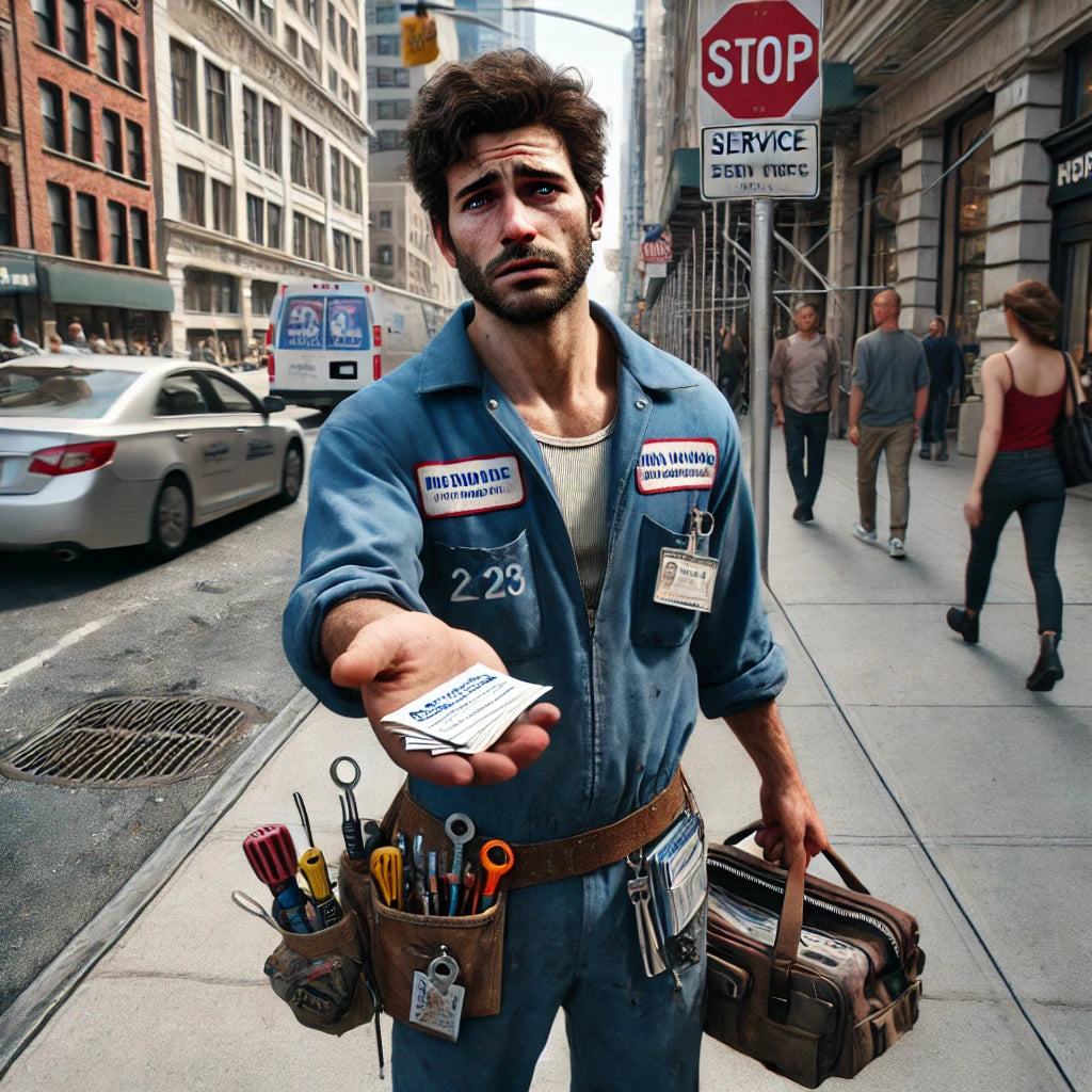 está a imagem do técnico desesperado na rua, distribuindo cartões de visita e implorando por um serviço