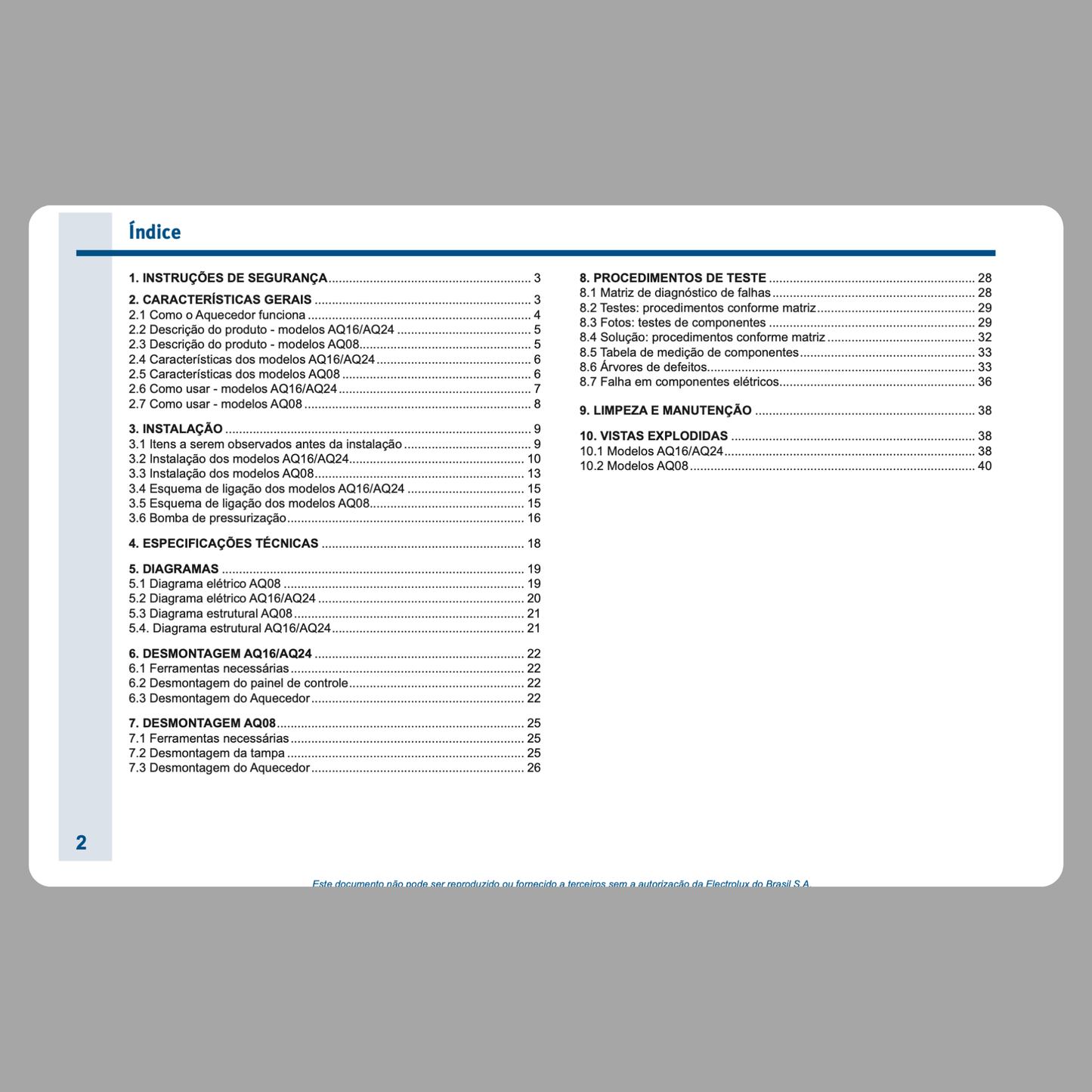 Manual Técnico de Serviços Aquecedores a Gás Electrolux AQ08, AQ16 e AQ24 - Baixar PDF