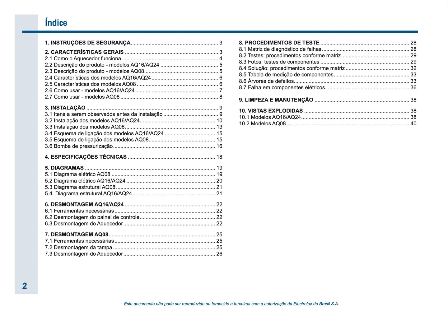 Manual Técnico de Serviço Aquecedor Electrolux AQ080/16/24 Baixar em PDF Electrolux