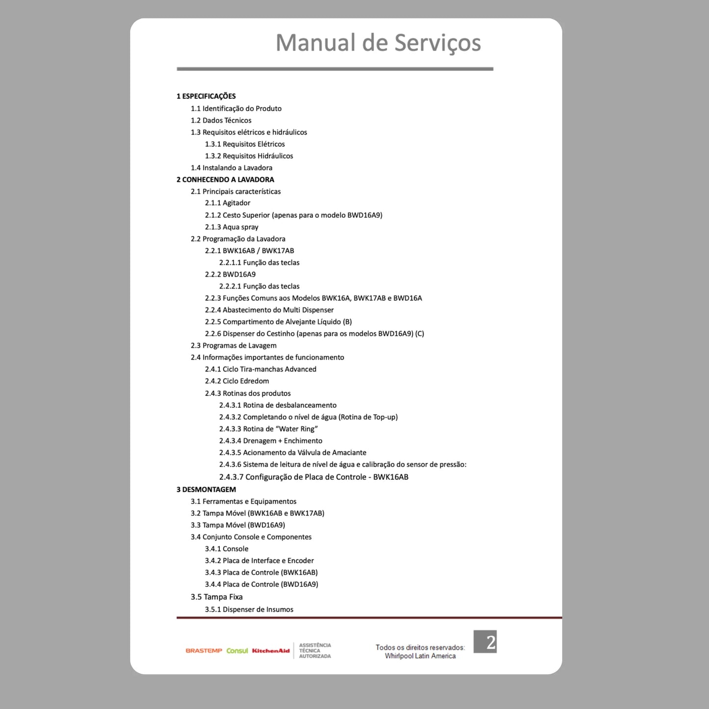 Manual Técnico de Serviços Lavadora Brastemp BWK16AB, BWK17AB, BWD16A9 - Baixar PDF