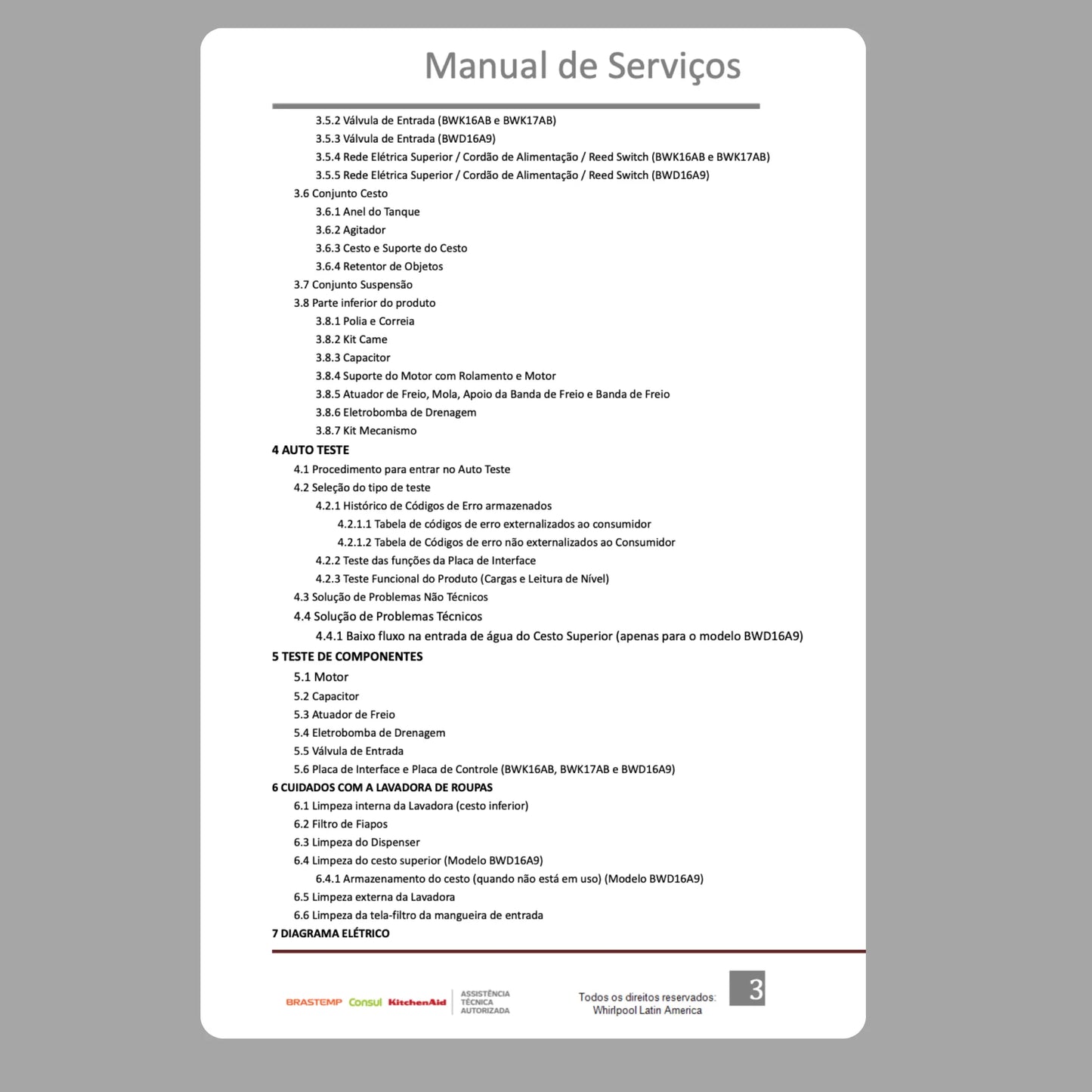 Manual Técnico de Serviços Lavadora Brastemp BWK16AB, BWK17AB, BWD16A9 - Baixar PDF