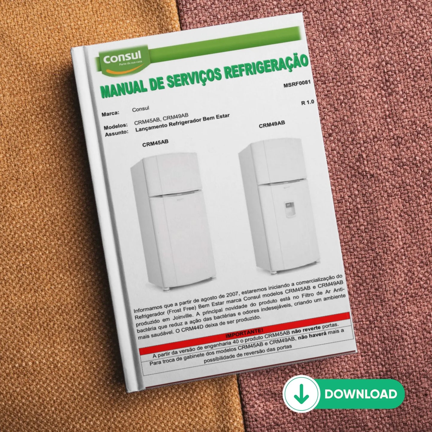 Manual Técnico de Serviços Refrigerador Consul CRM45AB e CRM49AB: Baixar PDF Consul