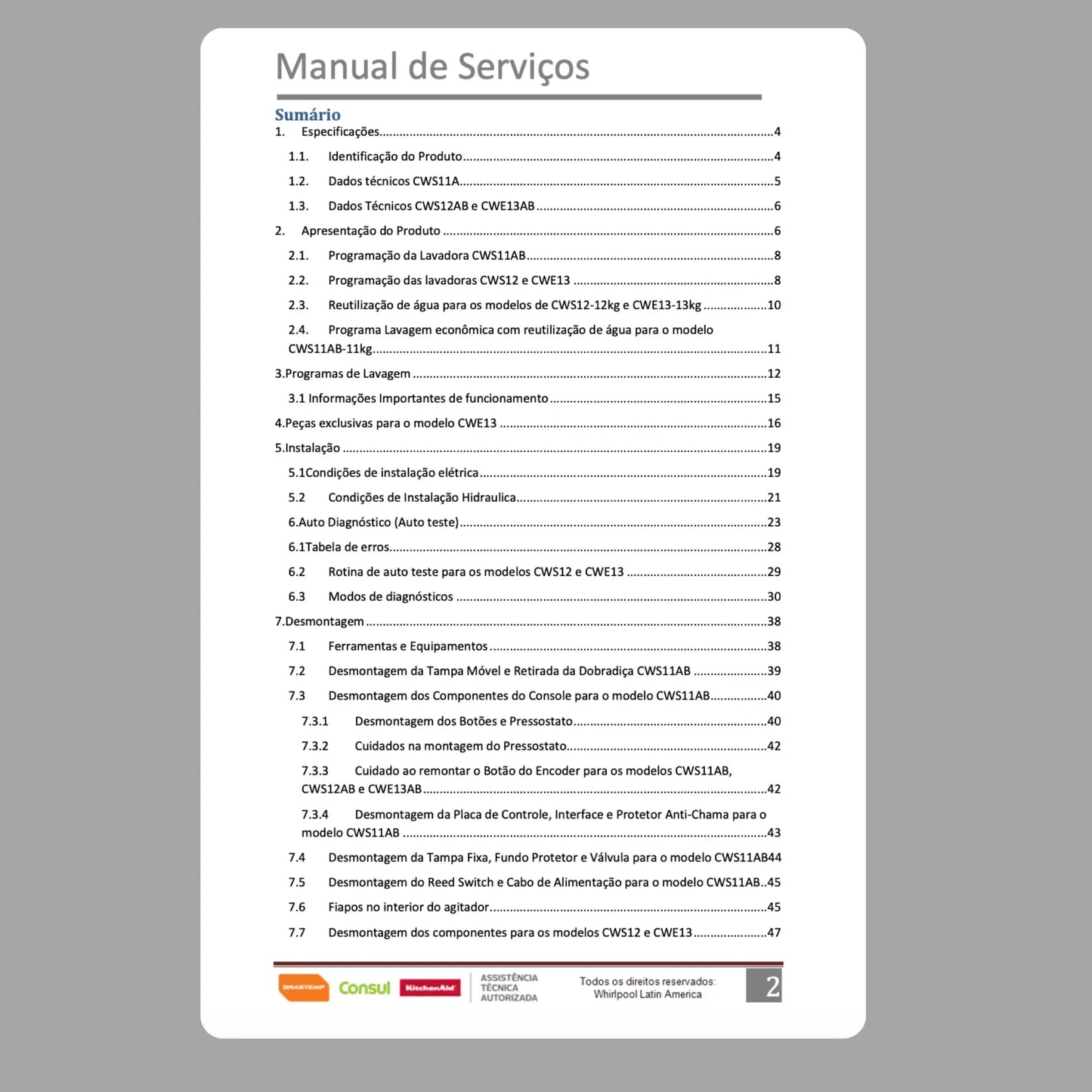Manual Técnico de Serviços Lavadora Consul CWS11AB CWS12AB CWE13AB - Baixar PDF Consul