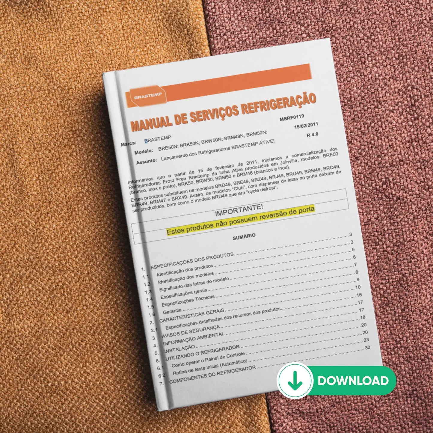 Manual Técnico de Serviços Refrigerador Brastemp BRE/BRK/BRW50N, BRM48N/BRM50N - Baixar PDF