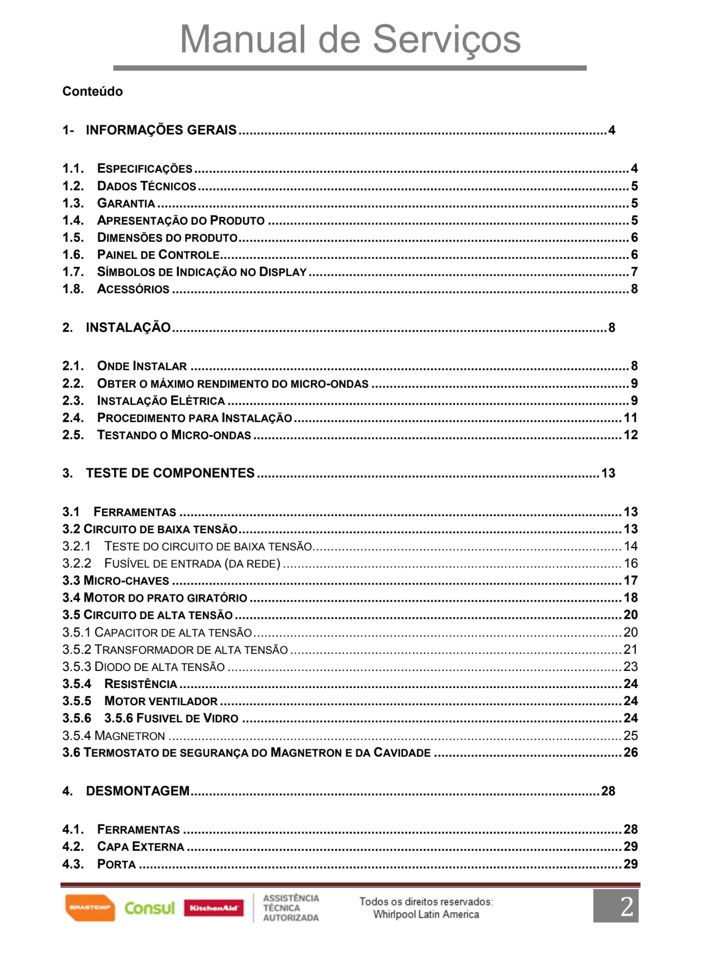 Manual Técnico de Serviços Micro-ondas Brastemp BMG45AE, BMG45AR, BMS45CB, BMS45CR