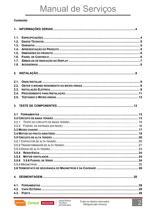 Manual Técnico de Serviços Micro-ondas Brastemp BMG45AE, BMG45AR, BMS45CB, BMS45CR