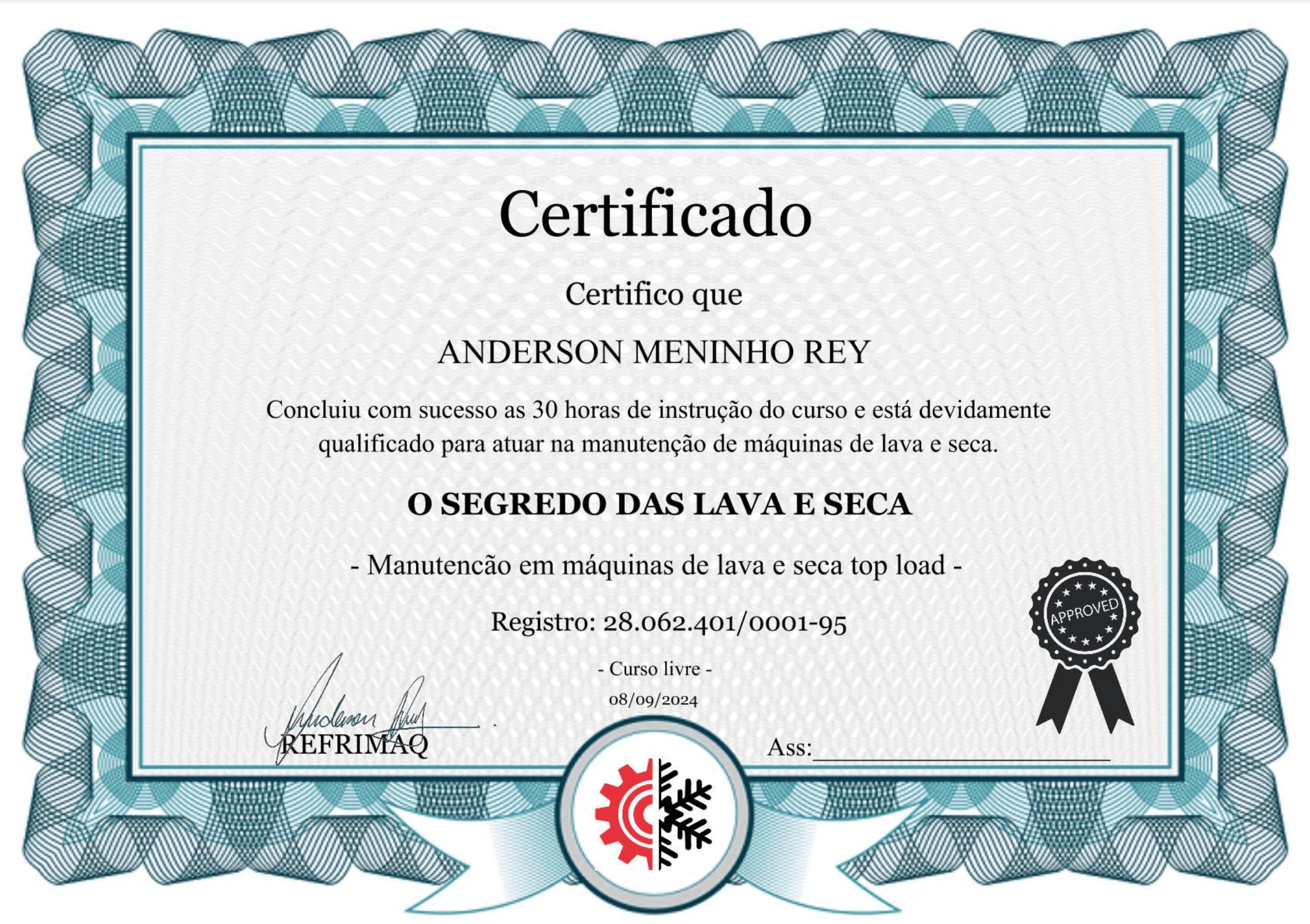 Certificado de exemplo do curso de lava e seca o segredo das lava e seca